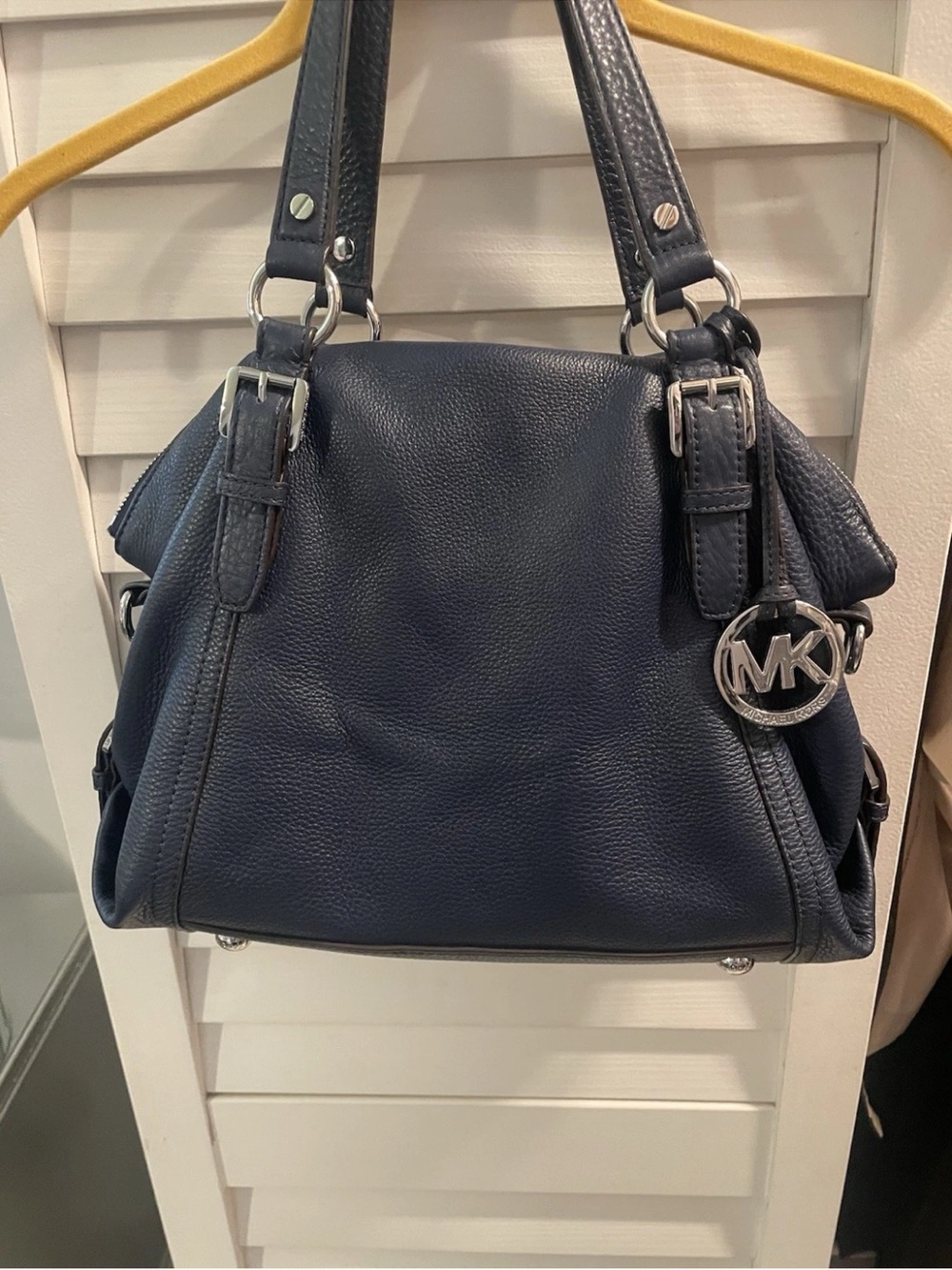 Michael Kors Navy Pebbled Leather Shoulder Bag with MK Charm